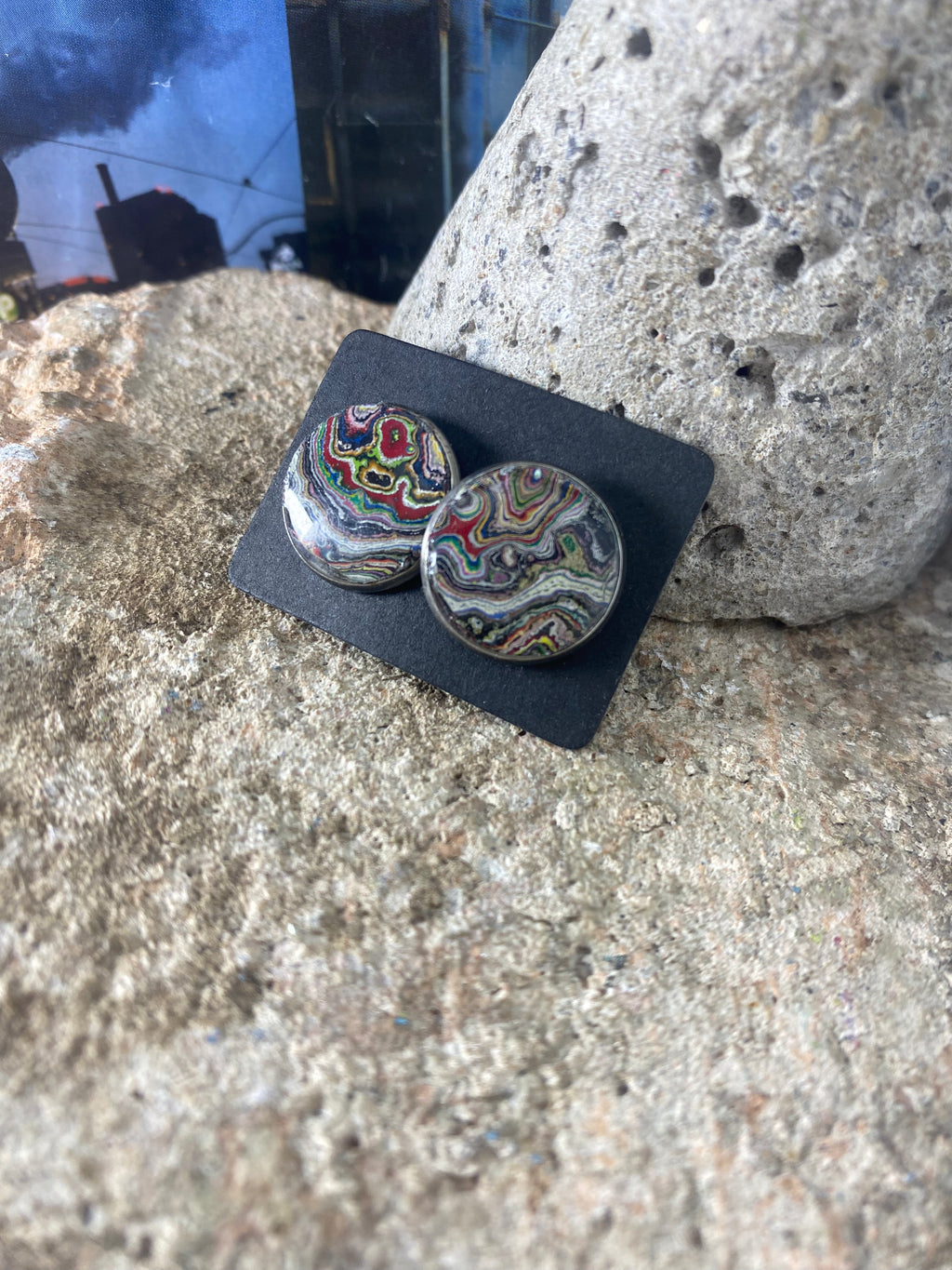 Recycled Graffiti stud earrings